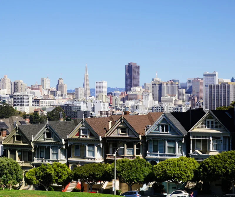 The Alamo Square painted ladies with downtown SF in the background