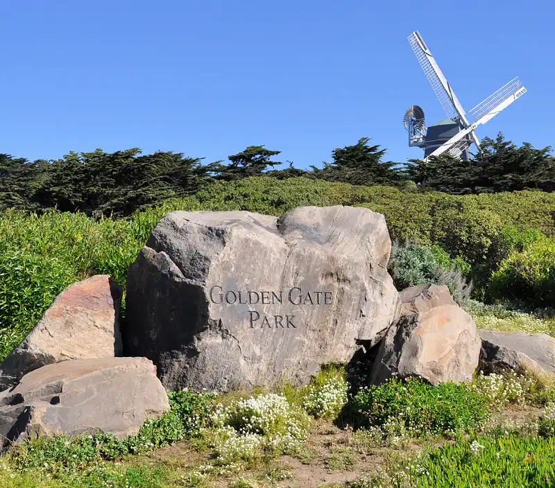 A view of the Golden Gate Park rock and one of its windmills