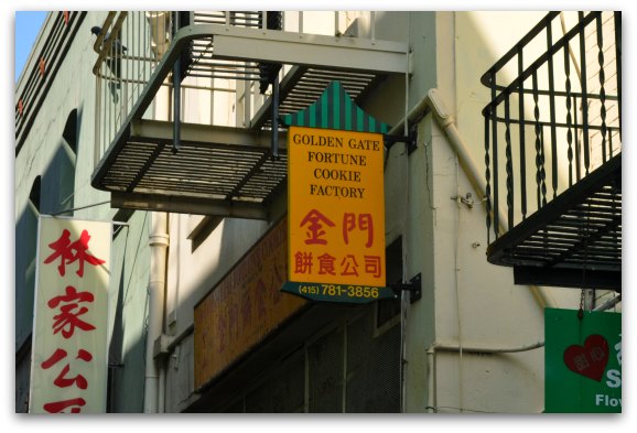 The sign outside the Golden Gate Fortune Cookie Factory in San Francisco