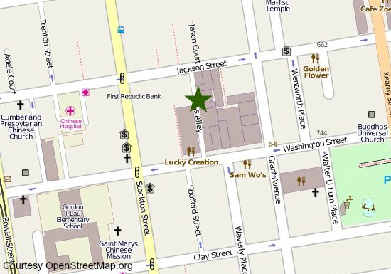 A map showing the location of the Golden Gate Fortune Cookie Factory in San Francisco's Chinatown