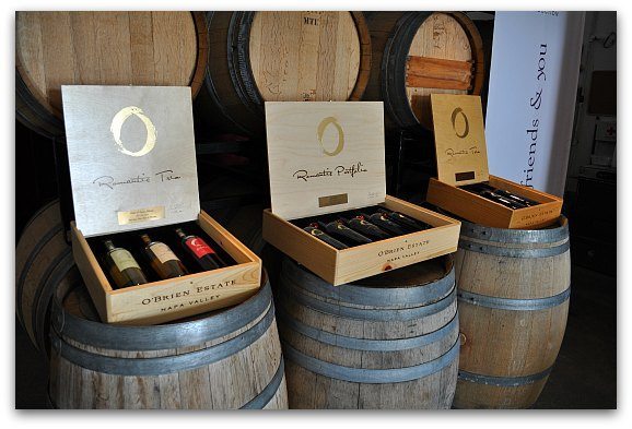 Three wine gift boxes at O'Brien Estate in Napa Valley.