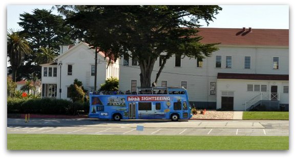 A hop on hop off bus in San Francisco's Presidio